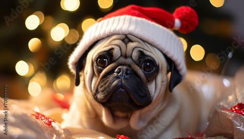 Cute pug puppy looking at Christmas tree lights generated by AI