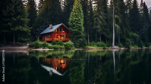 cabin surrounded by tall pine trees, with a reflection on the calm water