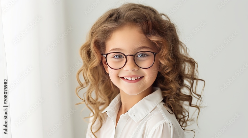 A young girl who is smiling and wearing glasses.