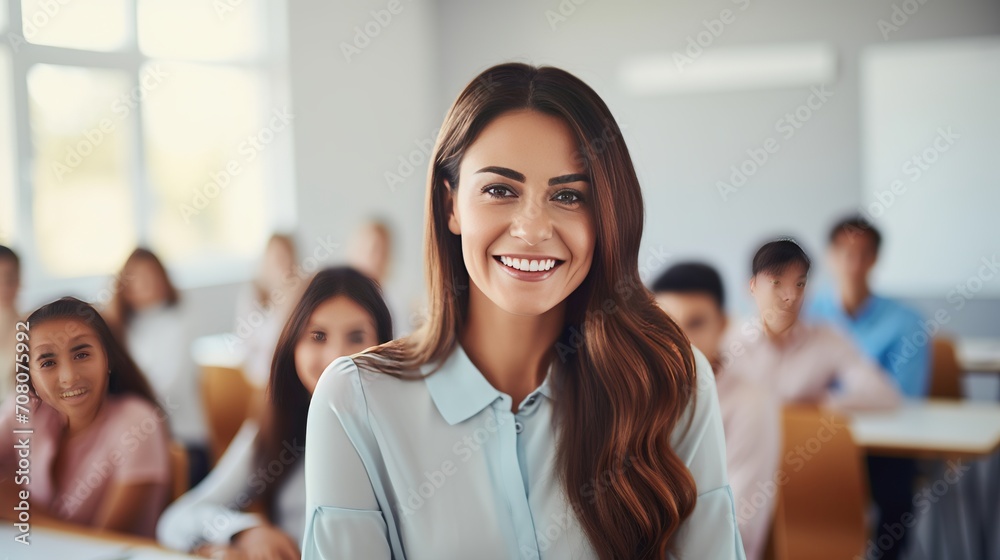 A young female teacher and her students in the classroom. A young female teacher and her students in the classroom.