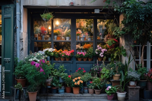 A quaint flower shop adorned with an abundance of colorful flowers on display, inviting passersby into the cozy botanical haven..
