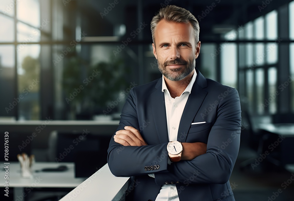 Confident mature businessman standing with arms crossed in modern office, looking at camera and smiling Confident mature businessman standing with arms crossed in modern office, looking at camera and smiling
