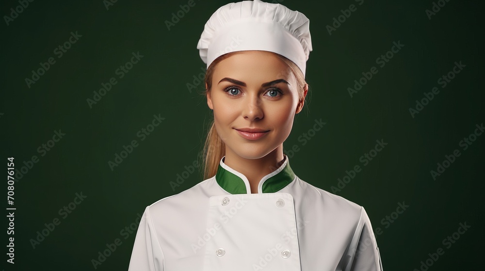 A young, surprised, blonde female chef wearing a chef uniform stands behind and stares at a white wall that is isolated from a green wall. A young, surprised, blonde female chef wearing a chef uniform stands behind and stares at a white wall that is isolated from a green wall.