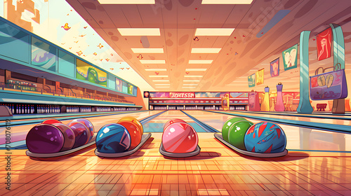 A bowling alley scene with colorful lanes