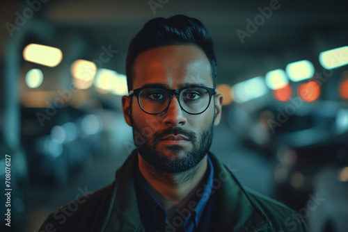 portrait of a successful Indian businessman with a beard and glasses on a blurred background