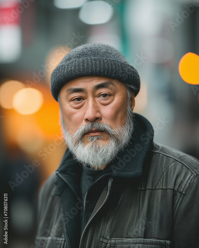 serious bearded senior ethnic Asian male in casual jacket and hat standing on blurred city street