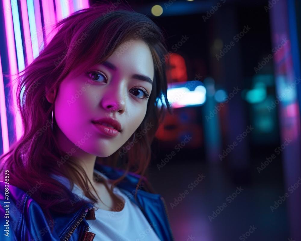 Young woman looking at camera, smiling, illuminated at night generated by AI