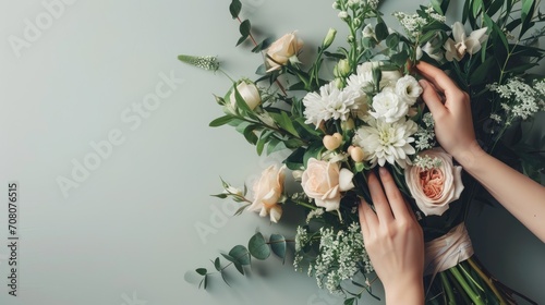 A person's hands artfully arranging a serene bouquet of cream roses, white flowers, and lush greenery on a soft pastel backdrop