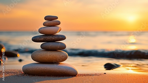 The beach is adorned with zen stones for sunrise light meditation and relaxation.