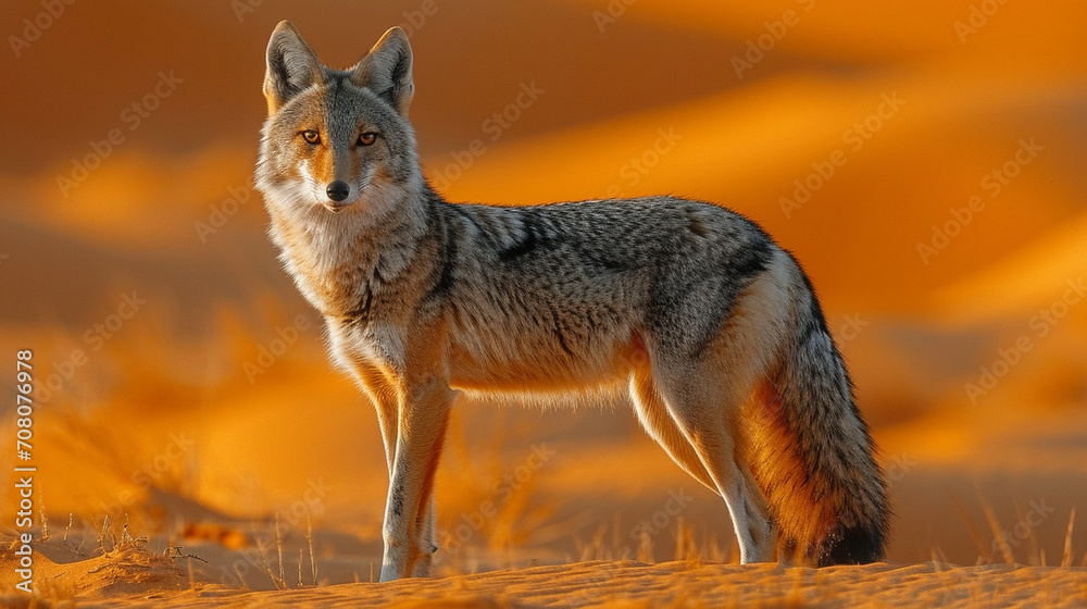 The iconic silhouette of a Golden Jackal traversing the desert terrain, its keen senses attuned to the nuances of life in the vast and unforgiving Sahara The iconic silhouette of a Golden Jackal traversing the desert terrain, its keen senses attuned to the nuances of life in the vast and unforgiving Sahara