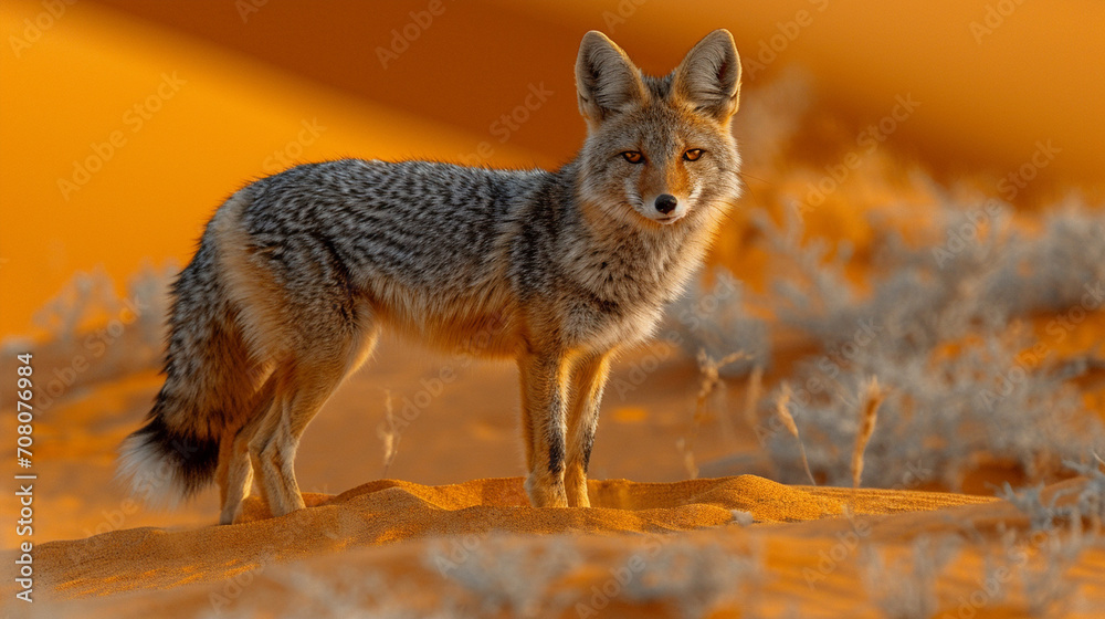 The iconic silhouette of a Golden Jackal traversing the desert terrain, its keen senses attuned to the nuances of life in the vast and unforgiving Sahara The iconic silhouette of a Golden Jackal traversing the desert terrain, its keen senses attuned to the nuances of life in the vast and unforgiving Sahara