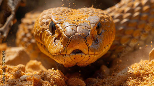 A striking image of an Egyptian Cobra slithering through the sand, its hood expanded and scales glinting in the sunlight, a symbol of both danger and natural beauty