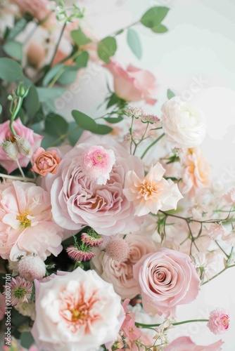 A delicate arrangement of pink and white flowers, featuring varied blooms and soft petals creating a harmonious and elegant floral composition...