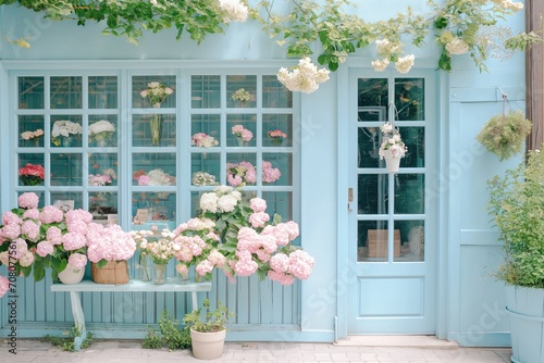 The picturesque exterior of a flower shop, with its pastel-colored walls and doors, beautifully decorated with an array of blooming flowers. photo