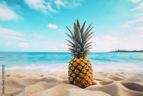 Pineapple on the sandy beach near the sea. Summer vacation concept.