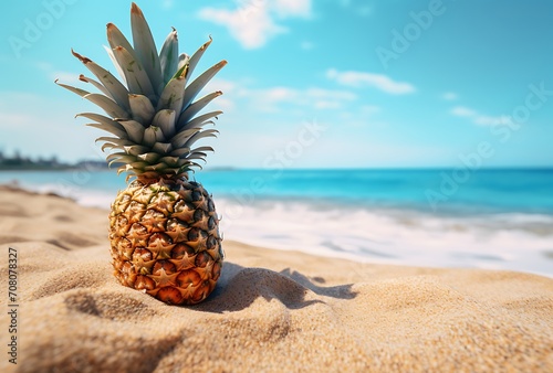 Pineapple in the sand on the beach. Summer vacation concept