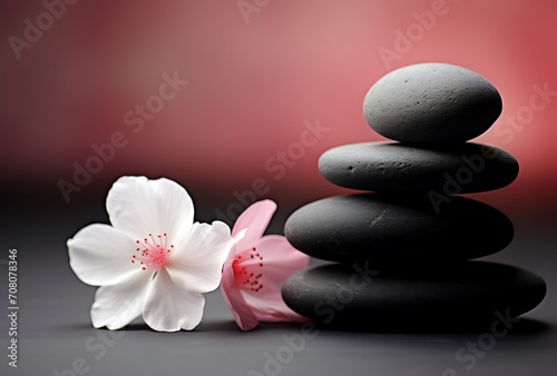 zen stones and flower on black background, spa and healthcare concept.