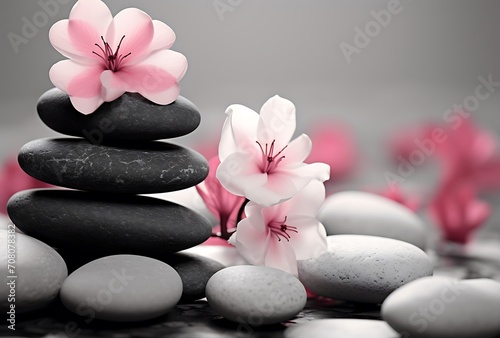zen basalt stones and pink flowers on the water  spa concept