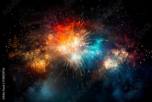 Colorful fireworks on black sky background. Celebration concept. 3D Rendering