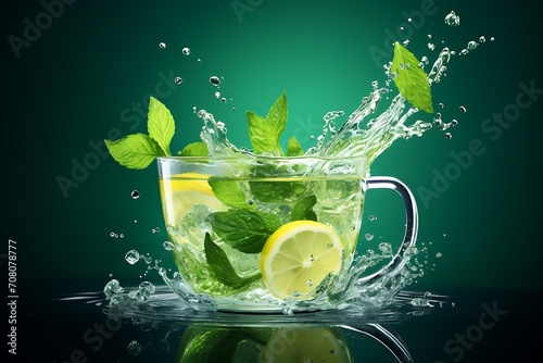 Mint tea with lemon and ice in glass cup on green background