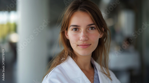 Professional Young Woman Scientist in Lab Coat with Blurred Laboratory Background - Close-up Portrait of Female Researcher in High-Tech Laboratory Setting