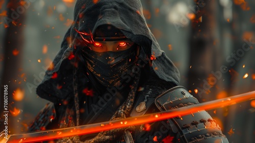 a demon with red flames coming out of his eyes holding a sword photo