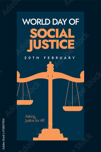 World day of Social Justice. World social justice day 20th February 2024, celebration banner in horizontal length. Justice day story post, card, banner, brochure with justice scales in dark blue colou
