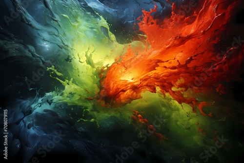 Crimson and electric green liquids collide in a burst of energy  creating a mesmerizing abstract display. HD camera captures the dynamic collision with vivid colors and intricate patterns