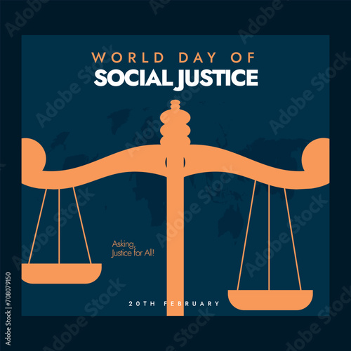World Day of Social Justice. World social justice day banner in dark ocean blue colour with justice scale. 20th February 2024, Facebook post for justice day celebration to bring the world together