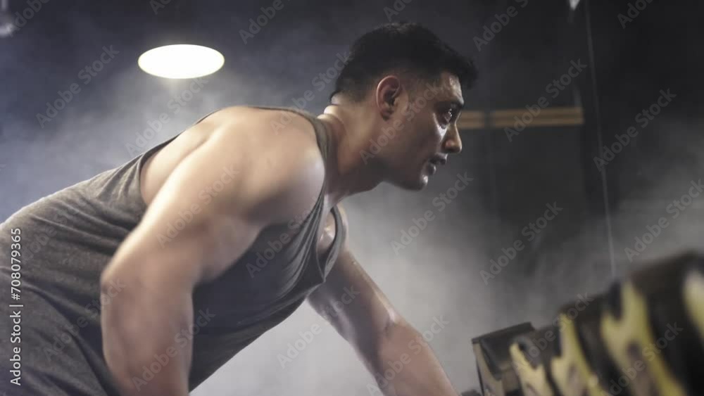 SingleOne Arm Dumbbell Rows, Male bodybuilder doing weight lifting workout at gym. SingleOne Arm Dumbbell Rows, Male bodybuilder doing weight lifting workout at gym.