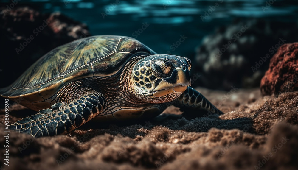 Obraz premium Turtle swimming in the blue water, a beautiful aquatic creature generated by AI