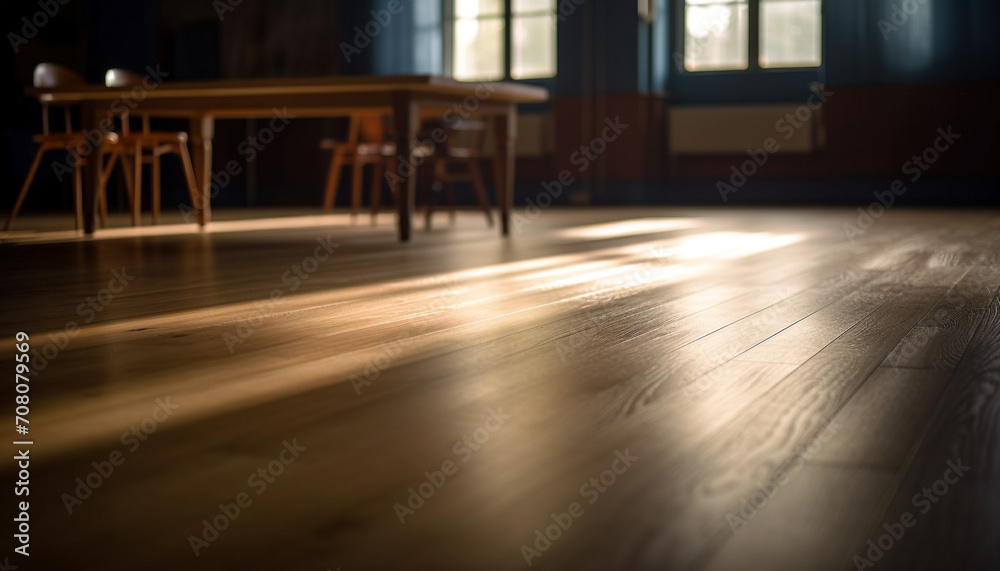 Fototapeta premium Modern design, empty room, dark wood table, bright window, elegant chair generated by AI