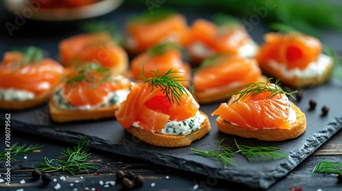 Valentines day Amorous Appetizer, Heart-Shaped Smoked Salmon Blinis with Dill and Cream Cheese on a Sleek Slate Serving Board Modern Chic, Culinary Minimalism. photo
