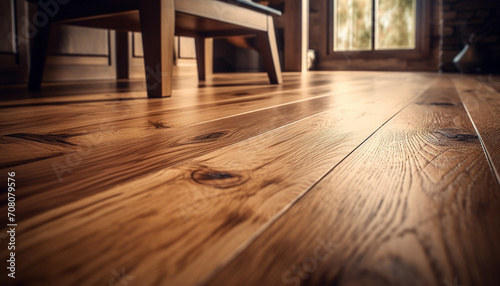 Old hardwood table on parquet flooring in a rustic room generated by AI photo