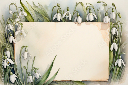 Background in watercolor in the form of a frame of snowdrops