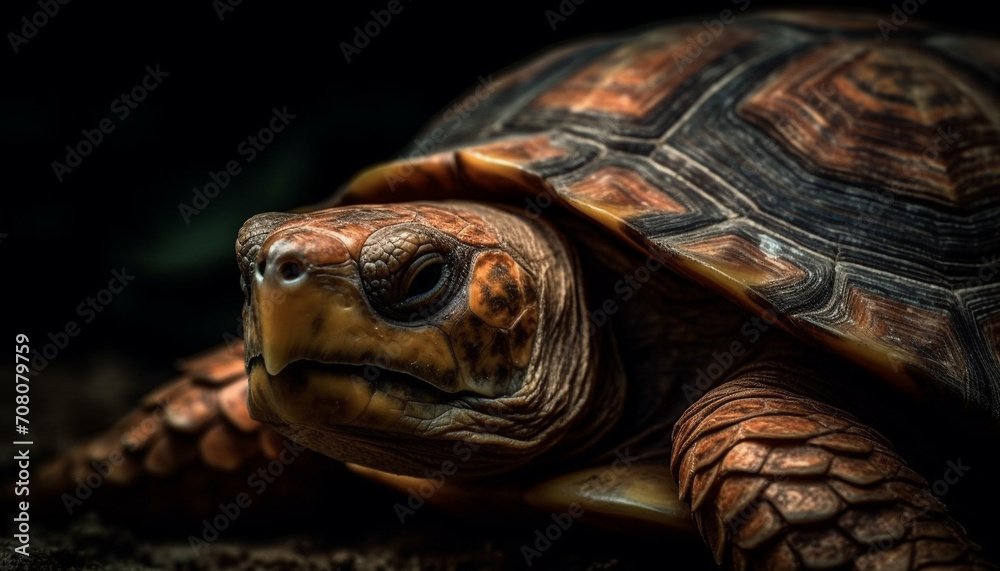 Fototapeta premium Slow crawling tortoise in nature, endangered species, close up of shell generated by AI