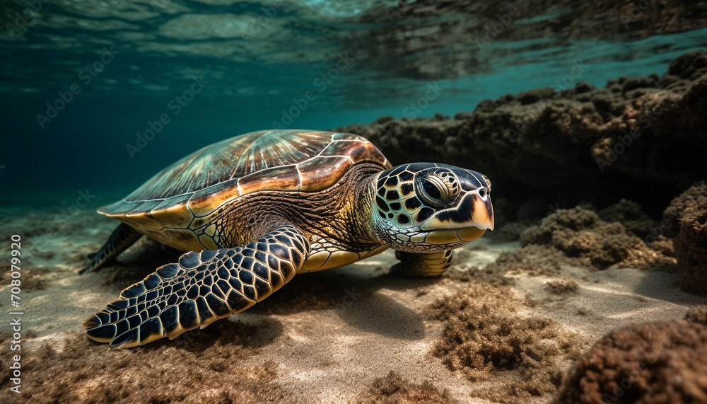 Obraz premium A tranquil scene of a large sea turtle swimming underwater generated by AI