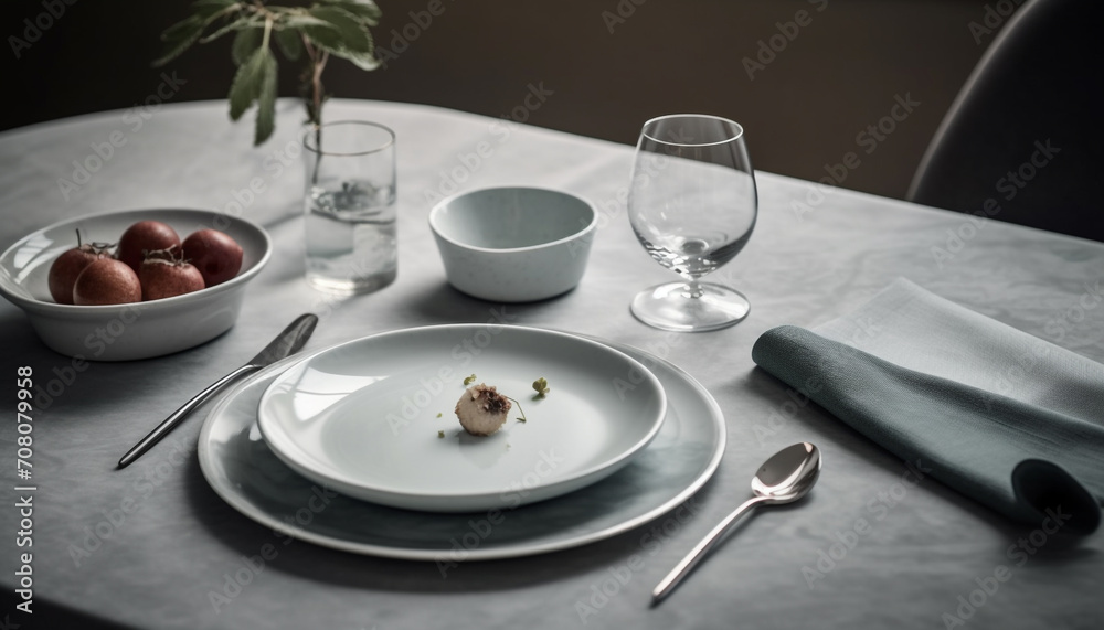 Freshness and elegance on a table, a gourmet meal awaits generated by AI Freshness and elegance on a table, a gourmet meal awaits generated by AI