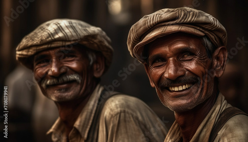 Two smiling adult males looking at camera outdoors, cheerful and happy generated by AI © Jeronimo Ramos