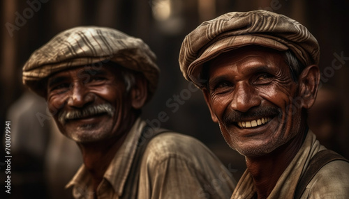 Two smiling adult males looking at camera outdoors, cheerful and happy generated by AI