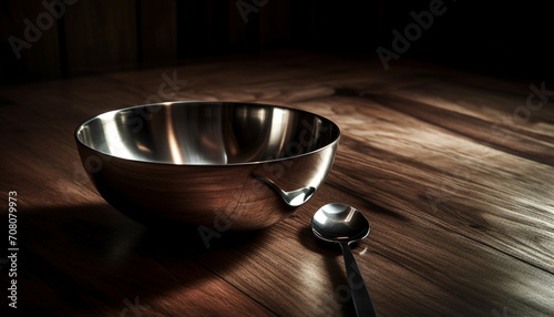 Wooden table with a close up of a single metal bowl generated by AI