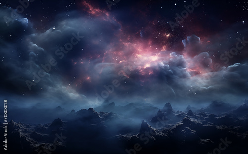 Milky Way and pink light at mountains. Night colorful landscape. Starry sky with hills at summer. Beautiful Universe.