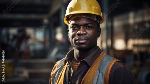 A compelling photograph of a black helmeted worker showing confidence and strength in the background of a building.
