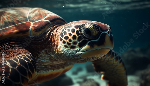 A beautiful sea turtle swimming in the blue underwater world generated by AI