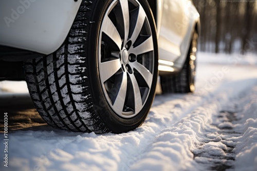  Winter tire. Close-up image of a car tires on the road in winter