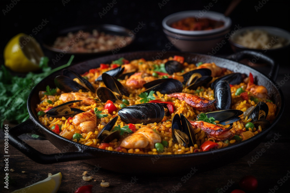 Pasta with mussels and seafood. Generative AI. Pasta with mussels and seafood. Generative AI.