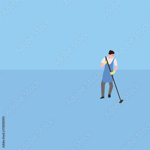 illustration of woman with apron doing cleaning, cleaning supplies