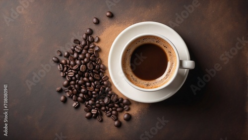 Hot espresso standing on brown background, top view, copy space