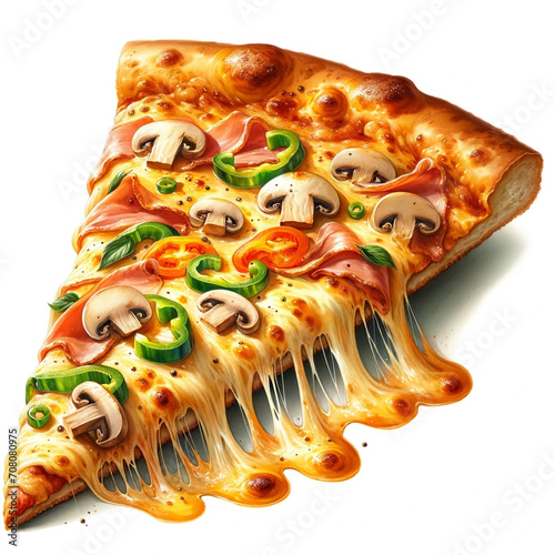 Melted cheese pizza slice with mushrooms and bell peppers on white background. AI generated.