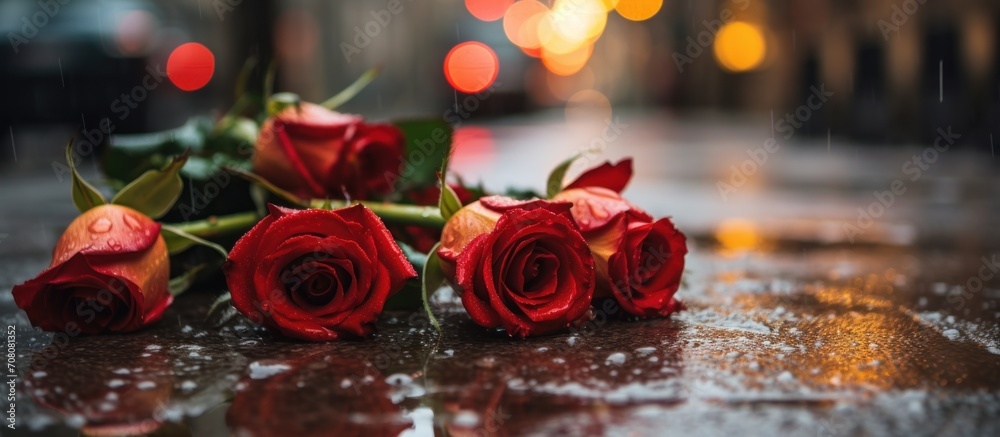 Red roses fall on the ground during rain
